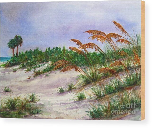 Beach Scenes Wood Print featuring the painting Sea Oats in the Dunes by Suzanne Krueger