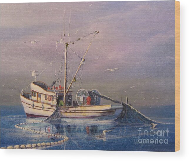 Seascape Wood Print featuring the painting Seiner Fishing Salmon by Wayne Enslow