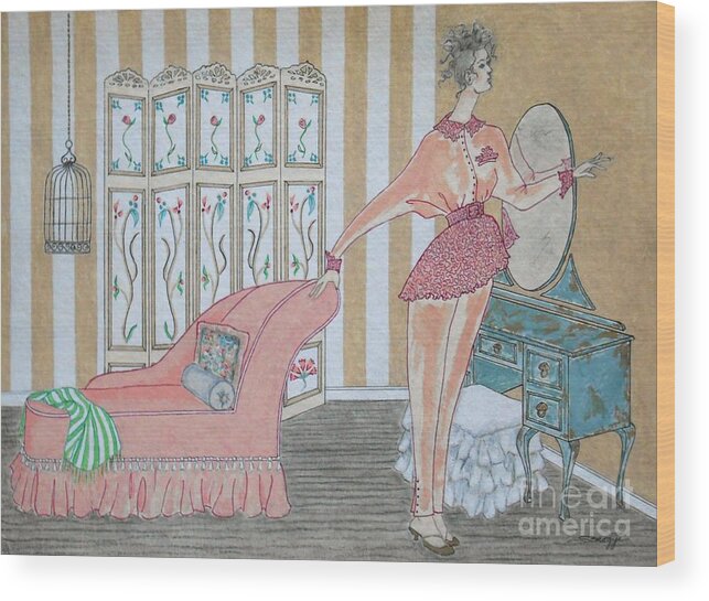 Shabby Chic Wood Print featuring the painting Shabby Chic -- Art Deco Interior w/ Fashion Figure by Jayne Somogy