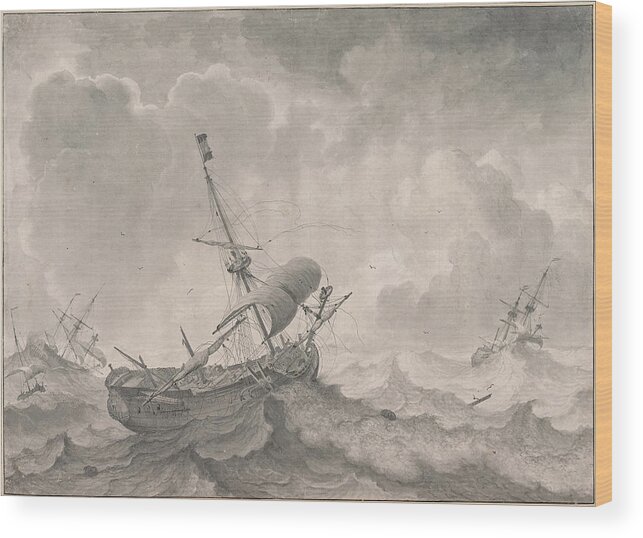 Ludolf Bakhuizen Wood Print featuring the drawing Ships on a Stormy Sea by Ludolf Bakhuizen
