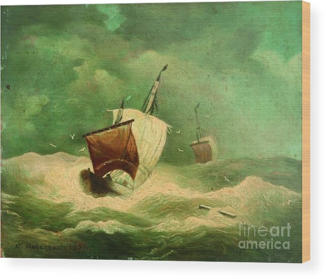 Andreas Achenbach Wood Print featuring the painting Ships On A Stormy Sea by MotionAge Designs