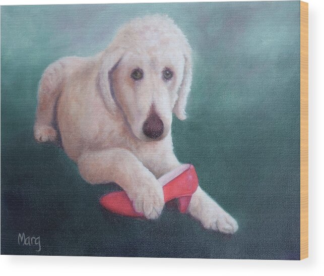 Dog With Shoe Wood Print featuring the painting Shoe Fetish by Marg Wolf
