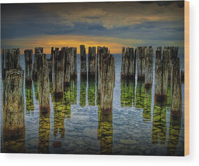 Art Wood Print featuring the photograph Shore Pilings at Sunset by Fayette State Park by Randall Nyhof