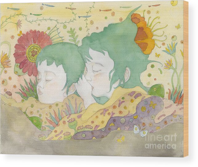 Children Wood Print featuring the painting Sisters by Fumiyo Yoshikawa