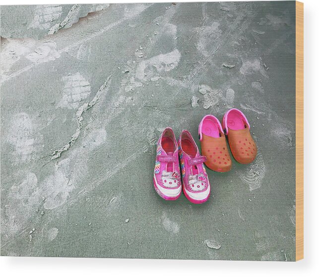 Sand Wood Print featuring the photograph Sisters Playing Barefoot in the Sand by Rick Locke - Out of the Corner of My Eye