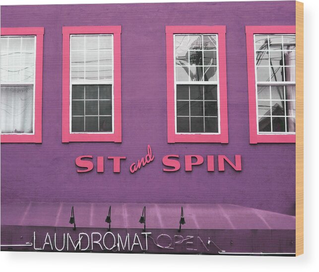 Sit And Spin Wood Print featuring the mixed media Sit And Spin Laundromat Purple- by Linda Woods by Linda Woods