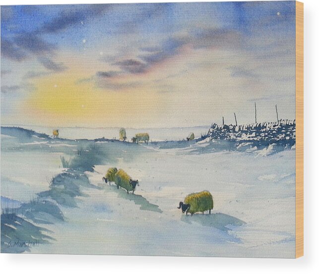 Glenn Marshall Yorkshire Artist Wood Print featuring the painting Snow and Sheep on the Moors by Glenn Marshall