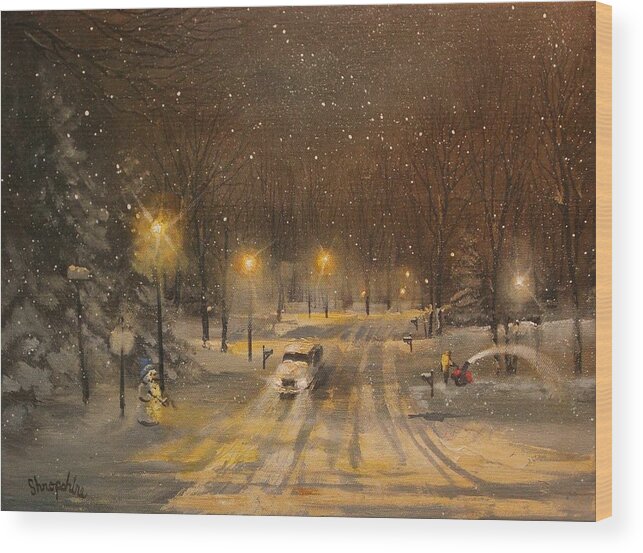  Christmas Lights Wood Print featuring the painting Snow for Christmas by Tom Shropshire