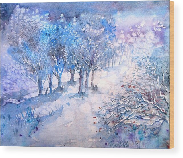 Snowfall Wood Print featuring the painting Snowfall in a Moonlit Wood by Trudi Doyle