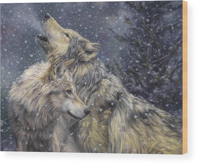 Wolf Wood Print featuring the painting Snowfall by Lucie Bilodeau