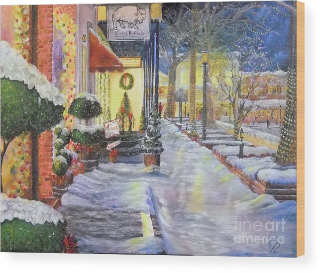Christmas Wood Print featuring the painting Soft Snowfall in Dahlonega Georgia an Old Fashioned Christmas by Nicole Angell