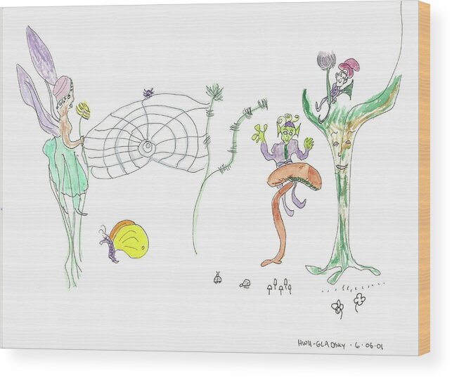 Spider Web Wood Print featuring the painting Spider Web and Fairies by Helen Holden-Gladsky
