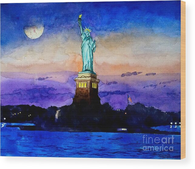 Statue Of Liberty Wood Print featuring the painting Statue of Liberty New York by Christopher Shellhammer
