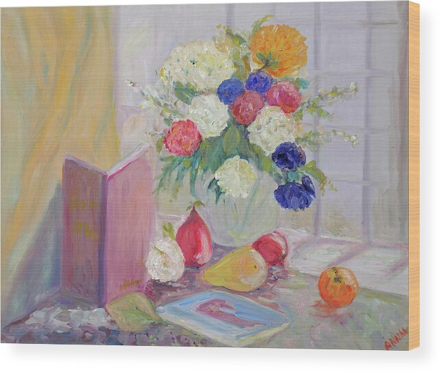 Floral Still Life With Fruit By Window Pane Still Life With Book And Fruit Wood Print featuring the painting Still Life by Window by Barbara Anna Knauf