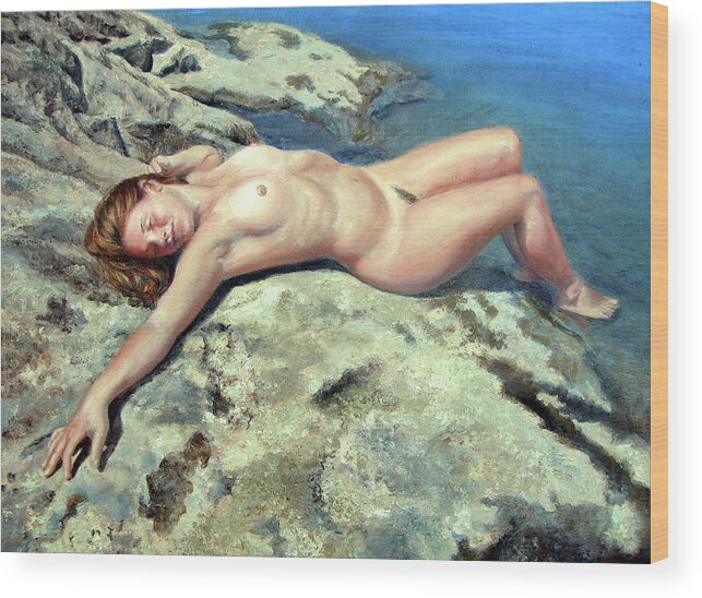Nude Woman Wood Print featuring the painting Stretch on Rock Ledge by Marie Witte