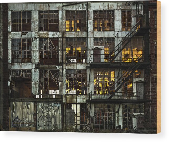 Abandoned Wood Print featuring the photograph Sunset and broken glass The Fort William Starch Company by Jakub Sisak