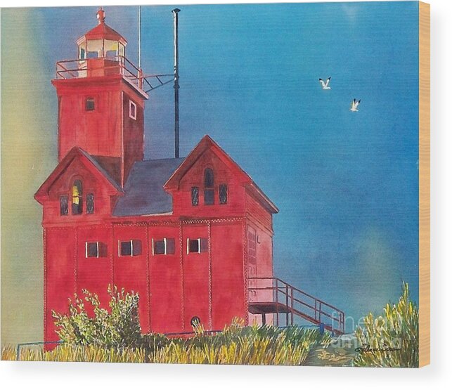 Lakes Wood Print featuring the painting Sunset on Holland Light by LeAnne Sowa