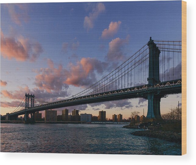 Nyc Wood Print featuring the photograph Sunset on Manhattan bridge by Dick Wood