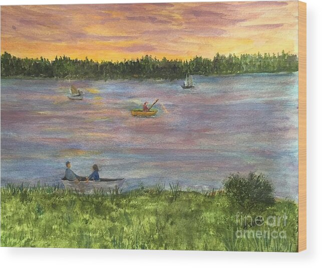 Amesbury Wood Print featuring the painting Sunset on the Merrimac River by Anne Sands