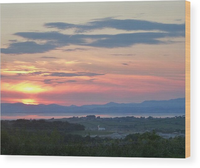 Morecambe Wood Print featuring the photograph Sunset over Morecambe Bay and the Lakeland Fells by Nigel Radcliffe