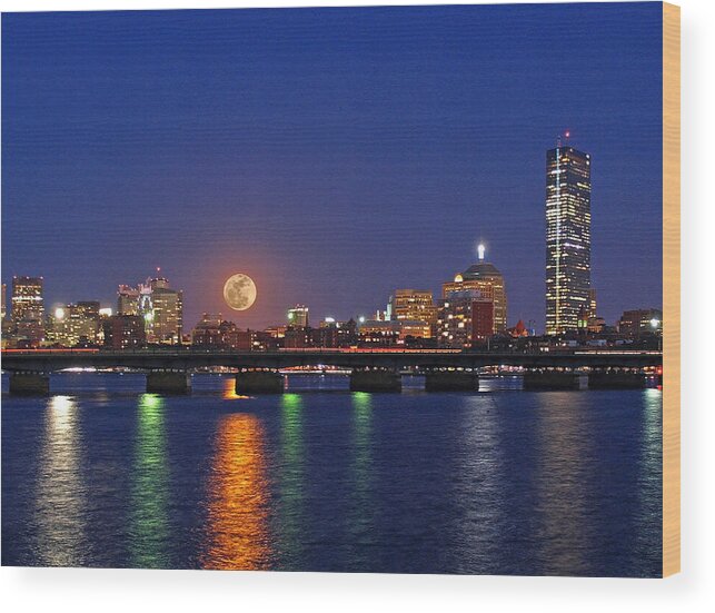 Boston Wood Print featuring the photograph Super Moon over Boston by Juergen Roth