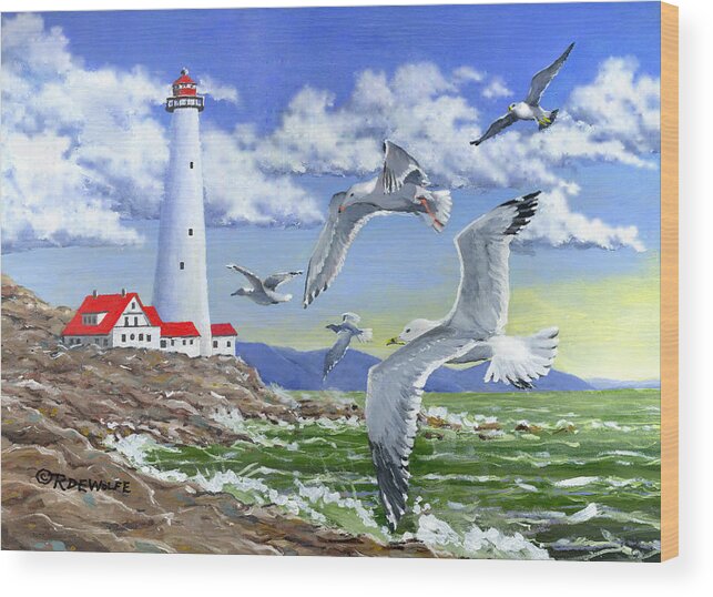 Lighthouse Wood Print featuring the painting Surf And Turf by Richard De Wolfe