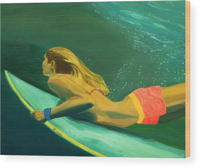 Surf Wood Print featuring the painting Surfer Girl Duck Dive by Jenn C Lindquist