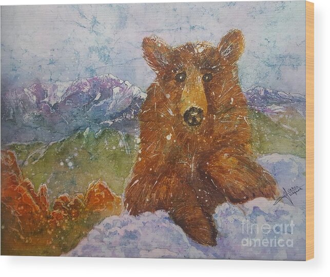 Garden Of The Gods Wood Print featuring the painting Teddy wakes up in the most desireable city in the nation by Carol Losinski Naylor