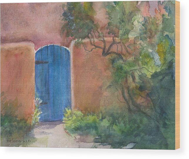 Watercolor Plein Air Wood Print featuring the painting The Blue Door by Victoria Lisi