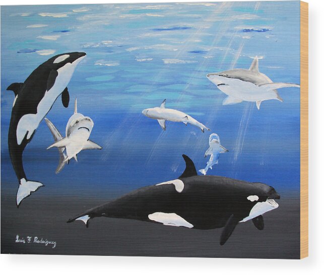Killer Whales Wood Print featuring the painting The Encounter by Luis F Rodriguez
