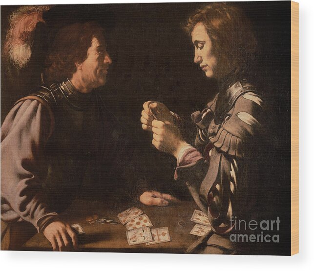 The Gamblers (oil On Canvas) By Michelangelo Caravaggio (1571-1610) Card Playing; Coins; Plume; Gambler; Pack Of Cards; Trickster; Competition; Competitive; Chiaroscuro; Gambling Wood Print featuring the painting The Gamblers by Michelangelo Caravaggio
