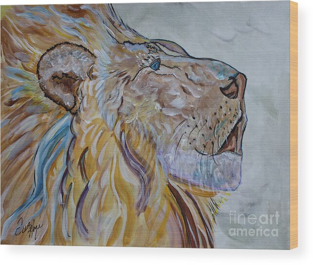 Lion Wood Print featuring the painting The Lion Call by Ella Kaye Dickey
