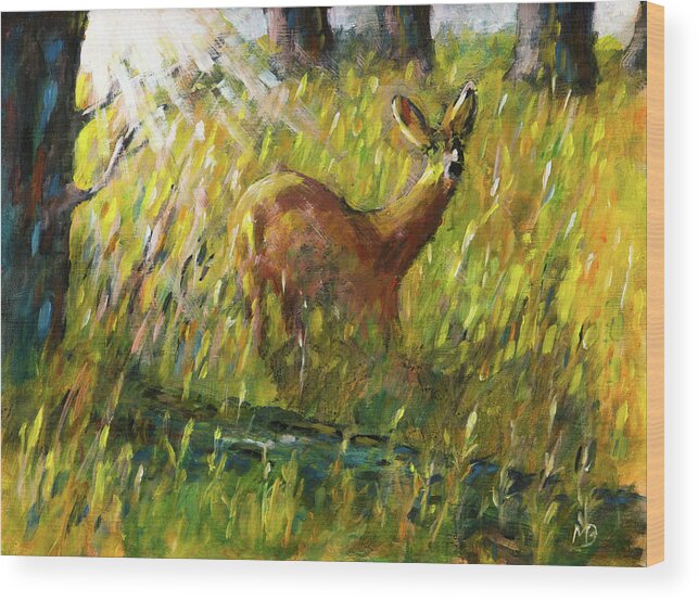 Deer Wood Print featuring the painting The Morning Walk by Mike Bergen
