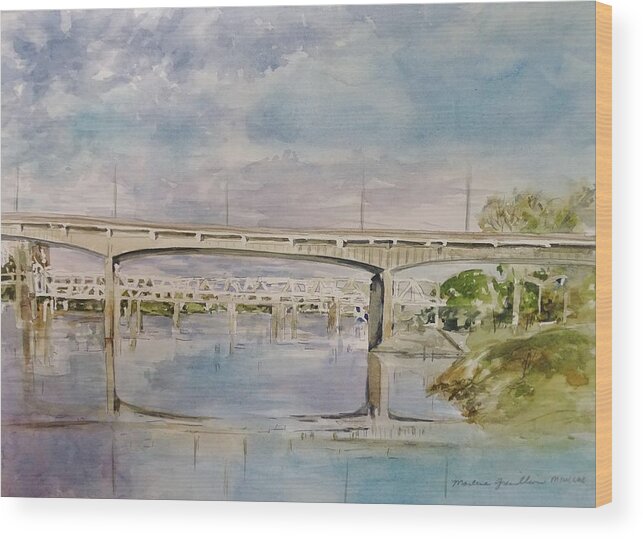 Watercolor Wood Print featuring the painting The River Bridges by Marlene Gremillion