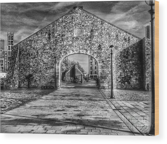 Liverpool Wood Print featuring the photograph The Salthouse Gateway in Greyscale by Joan-Violet Stretch