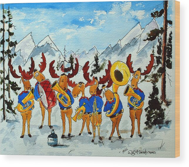 Cartoon Moose Fun Wood Print featuring the painting The Sound of Moosic by Wilfred McOstrich