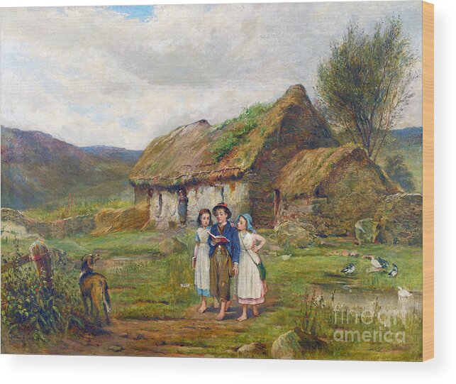 Carlton Alfred Smith - Three Children And A Dog Beside A Scottish Croft 1878 Wood Print featuring the painting Three Children and a Dog Beside a Scottish Croft by MotionAge Designs