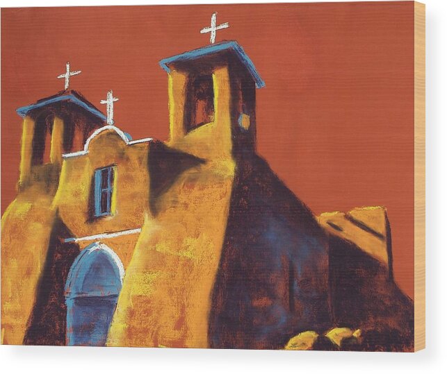 Ranchos De Taos Wood Print featuring the painting Three Crosses by Celene Terry