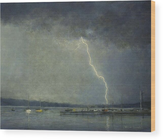 Lightning Wood Print featuring the painting Thunderstorm over Cazenovia Lake by Wayne Daniels