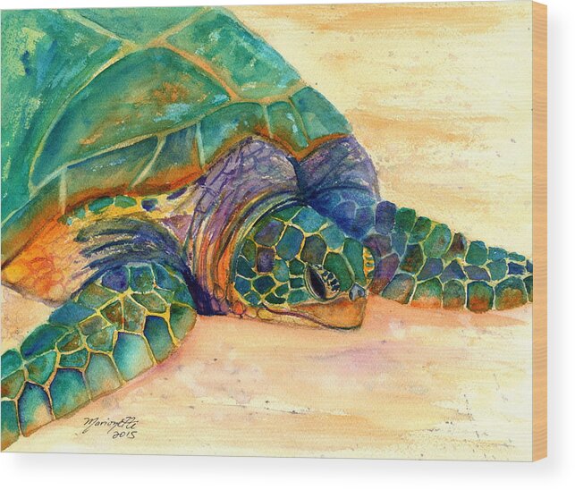 Turtle Wood Print featuring the painting Turtle at Poipu Beach 7 by Marionette Taboniar