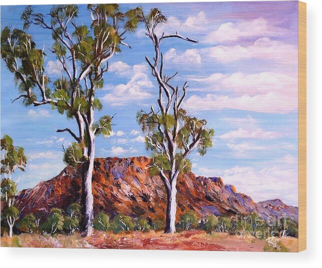 Twin Ghost Gums Wood Print featuring the painting Twin Ghost Gums of Central Australia by Ryn Shell