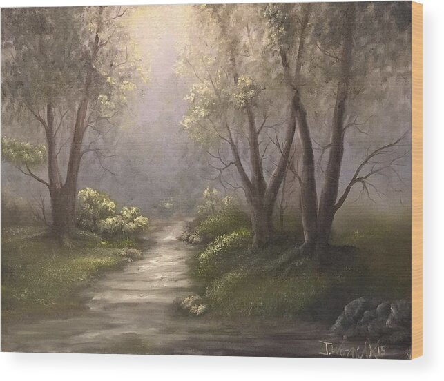 Forrest. Sunday's Path Water Stream Trees Oak Tree Light Magical Heavenly Deep Forest Wood Print featuring the painting Twin oaks by Justin Wozniak