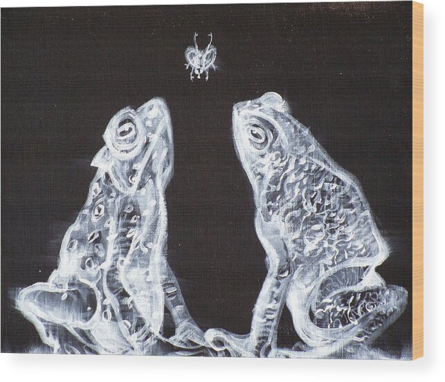 Fog Wood Print featuring the painting Two Frogs,one Fly by Fabrizio Cassetta