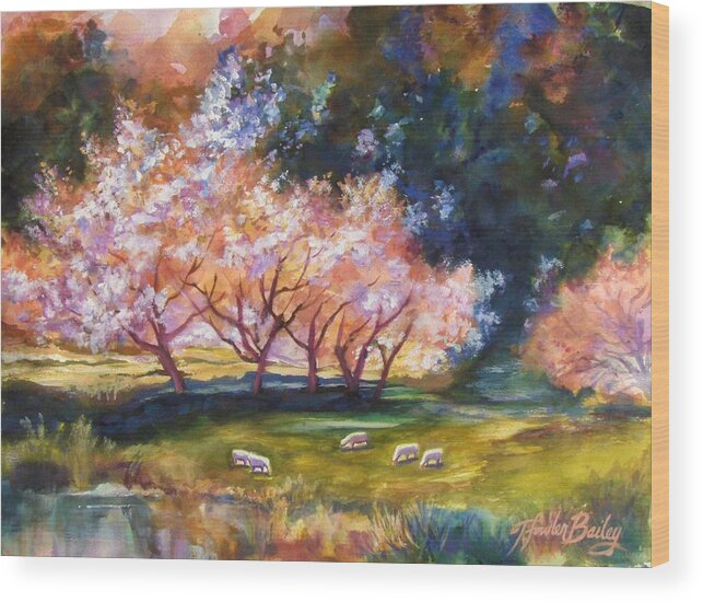 Sheep Grazing Wood Print featuring the painting Under the Blossom Trees SOLD by Tf Bailey