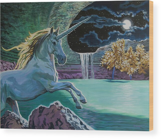 Fantasy Wood Print featuring the painting Unicorn Lake by Tommy Midyette