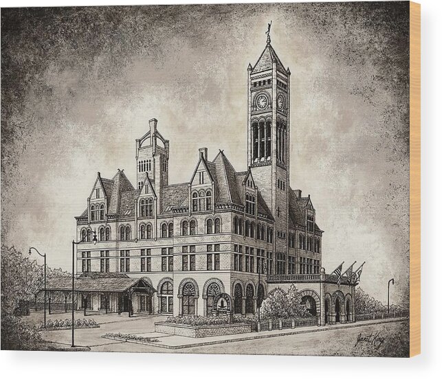 Union Station In Nashville Wood Print featuring the drawing Union Station mixed media by Janet King
