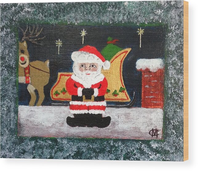 Santa Wood Print featuring the painting Up on the Rooftop by Cynthia Morgan