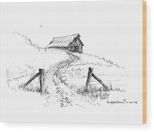 Hill Wood Print featuring the drawing Up the Hill to the Old Barn by Randy Welborn
