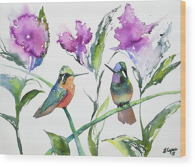 Purple-throated Mountain Gem Wood Print featuring the painting Watercolor - Purple-throated Mountain Gems and Flowers by Cascade Colors