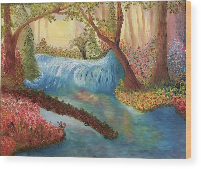 Springtime Wood Print featuring the painting Waterfall in Paradise by Susan Grunin